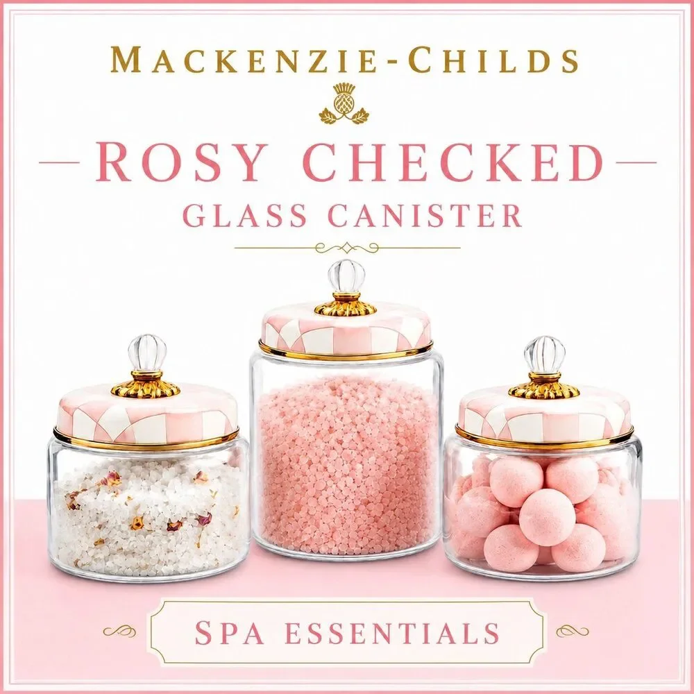 Mackenzie Childs Large Rosy Check Pink and White Glass Canister New
